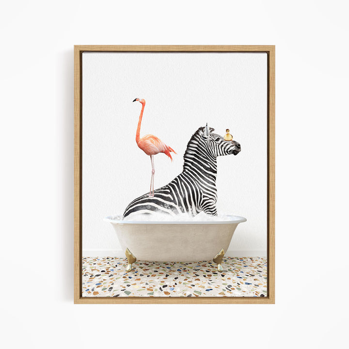 A zebra is sitting in a bathtub, with a flamingo standing on its back legs and a bird perched on its head.