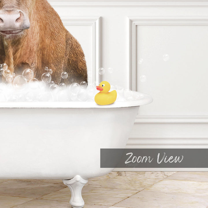 A rubber duck sits in a white bathtub filled with bubbles, with a cow's head visible in the background.