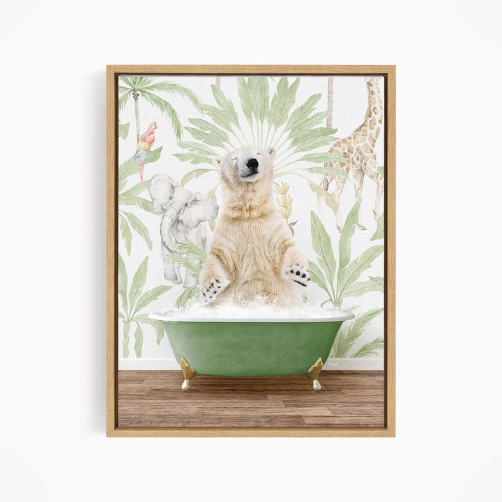 A polar bear is sitting in a green bathtub, surrounded by tropical plants and animals, creating a whimsical and playful scene.