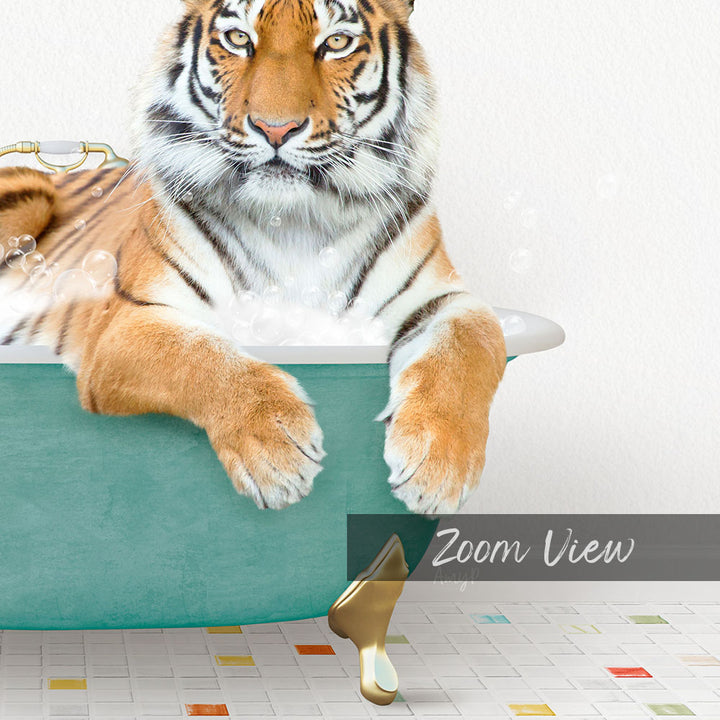 A tiger is sitting in a green bathtub, surrounded by bubbles, with a "Zoom View" label below the image.
