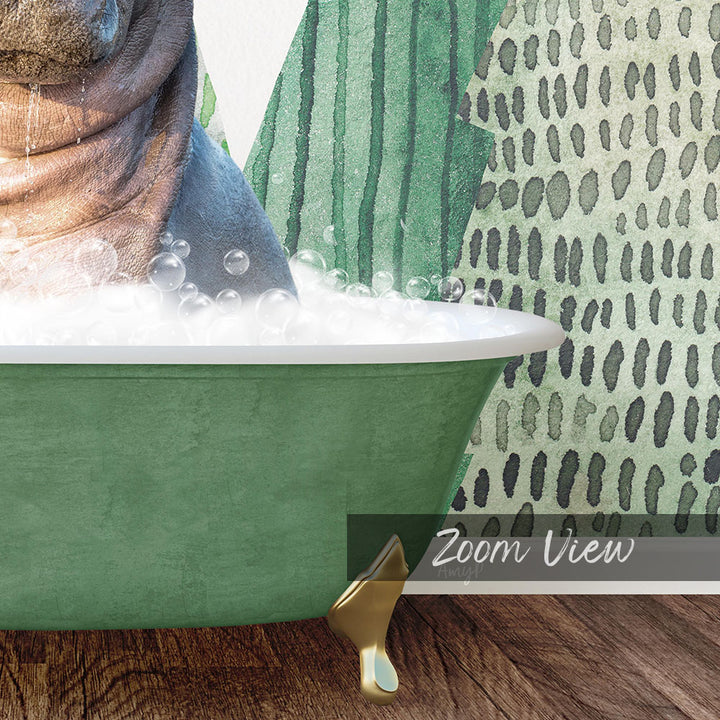 A green bathtub filled with bubbles, with a patterned wall in the background.