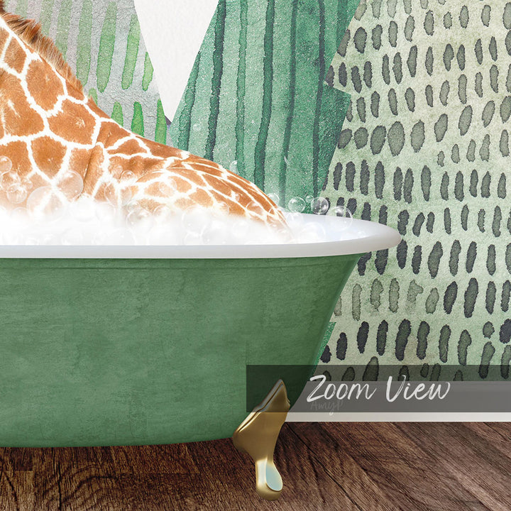 A giraffe is sitting in a green bathtub filled with water, surrounded by a patterned wall.