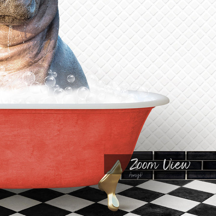 A red bathtub filled with bubbles, with a dog's head partially submerged in the water.