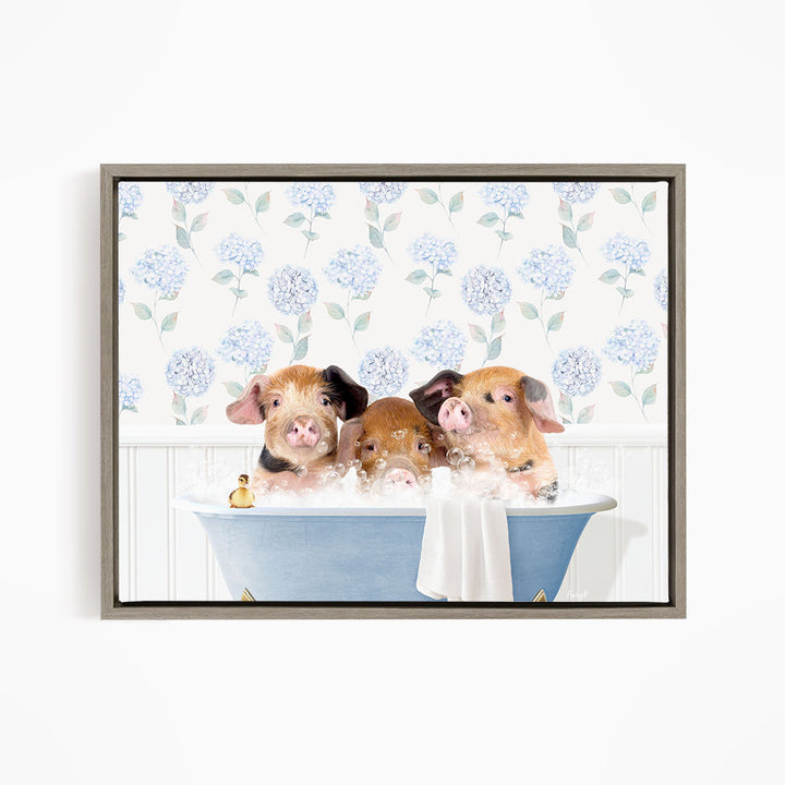 Three adorable pigs sitting in a blue bathtub, enjoying a relaxing bath together.
