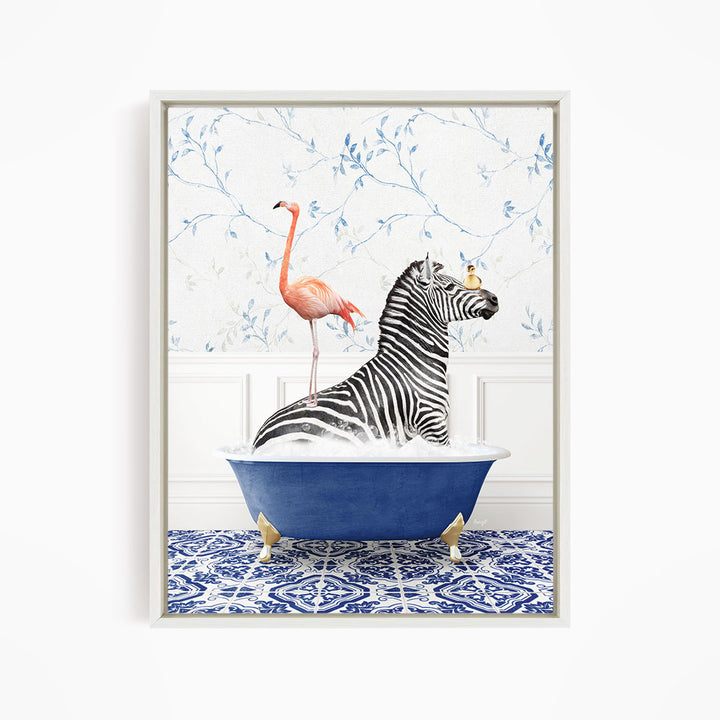 A zebra is sitting in a blue bathtub, with a pink flamingo standing on its back legs and a yellow bird perched on its head.