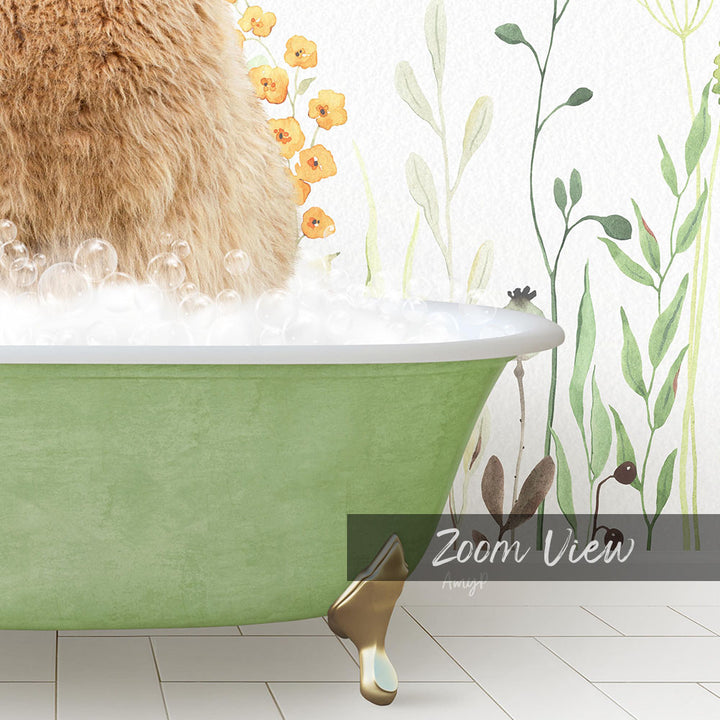 A fluffy brown cat sitting in a green bathtub filled with bubbles, surrounded by a floral wallpaper.