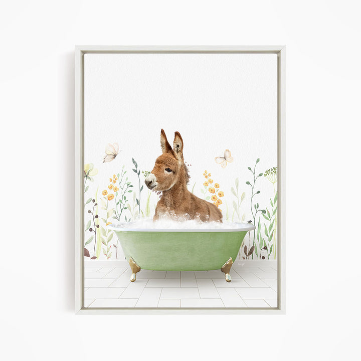 A donkey is sitting in a green bathtub filled with water, surrounded by flowers and butterflies.