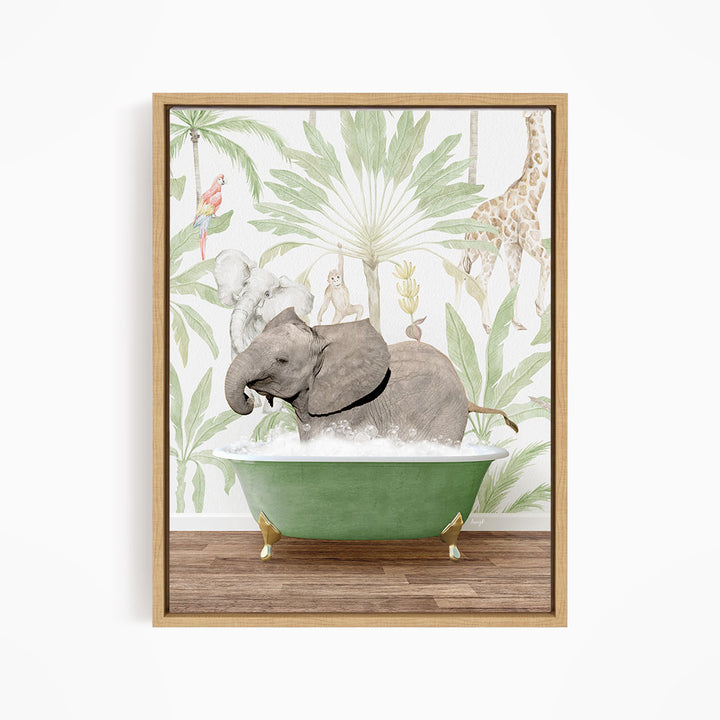 A framed illustration depicting an elephant sitting in a green bathtub, surrounded by tropical foliage and other animals.