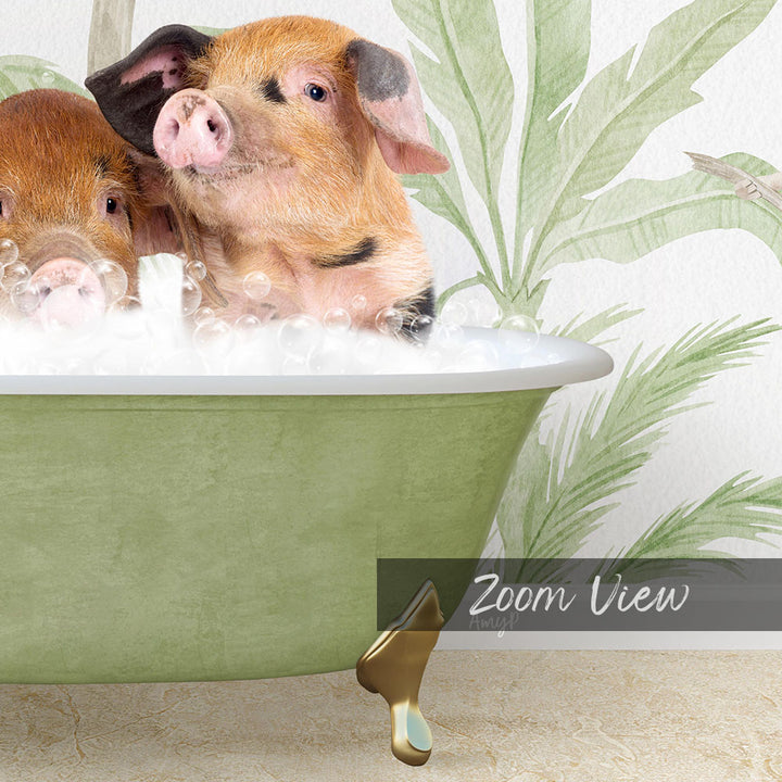 Two adorable pigs enjoying a relaxing bath in a green bathtub, surrounded by bubbles and a tropical plant backdrop.