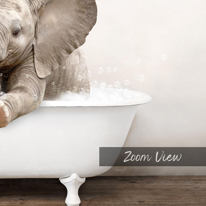 A baby elephant sitting in a white bathtub filled with bubbles, creating a whimsical and playful scene.