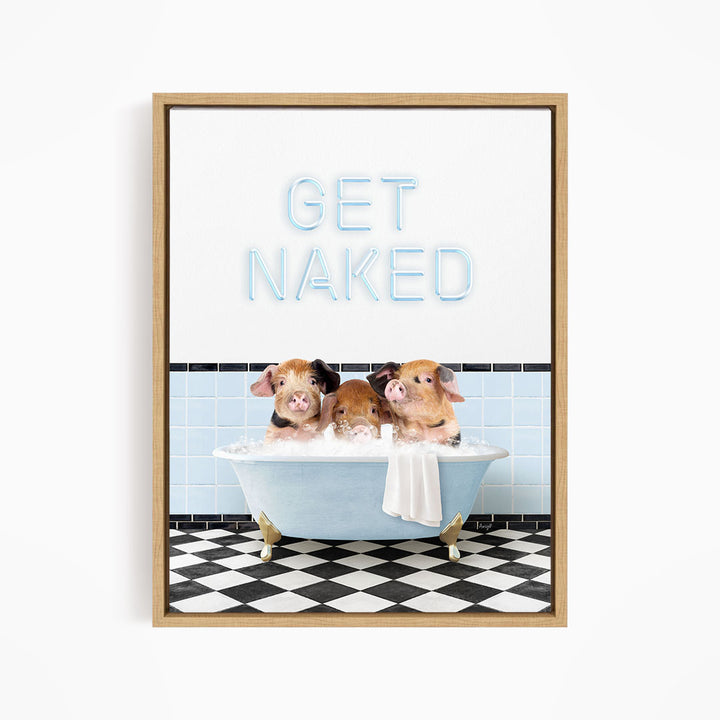 Three adorable pigs sitting in a bathtub, with the text "GET NAKED" displayed above them.