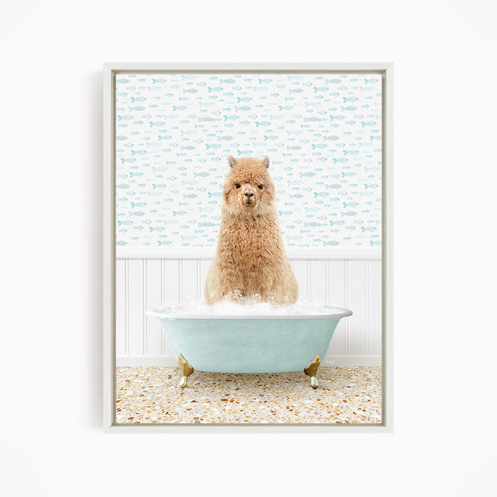 A fluffy brown dog sitting in a light blue bathtub filled with bubbles, surrounded by a pattern of small fish.