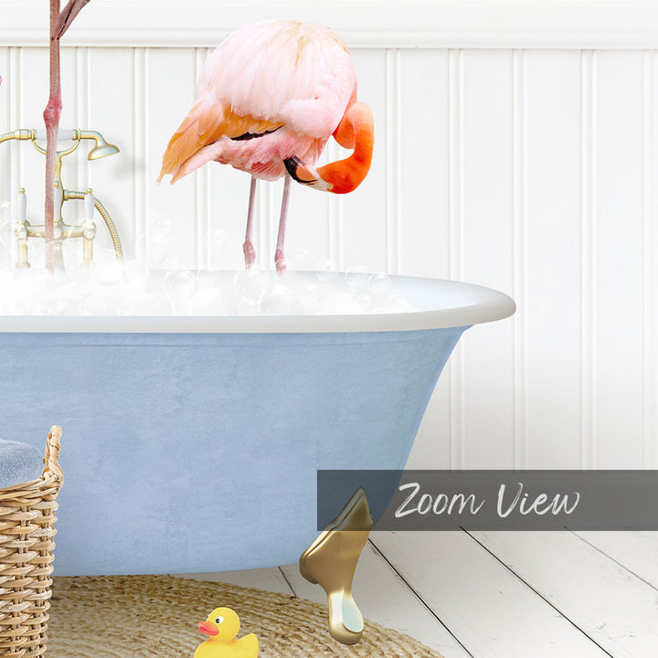 A pink flamingo standing in a blue bathtub filled with water, surrounded by a yellow rubber duck and a basket.
