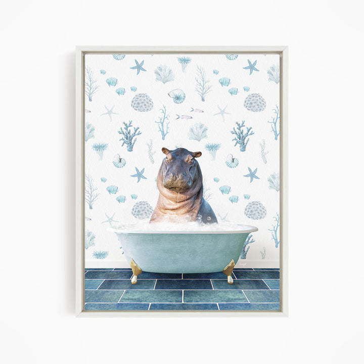 A hippopotamus sitting in a bathtub filled with water, surrounded by a pattern of blue and white seashells, starfish, and other marine life.