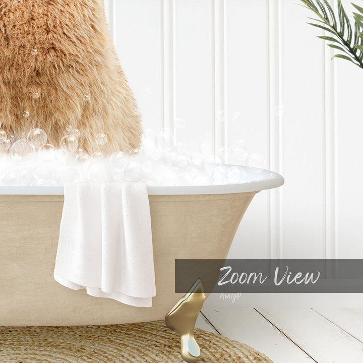 A bathtub filled with bubbles, with a towel hanging on the side and a gold-colored bathtub leg visible.