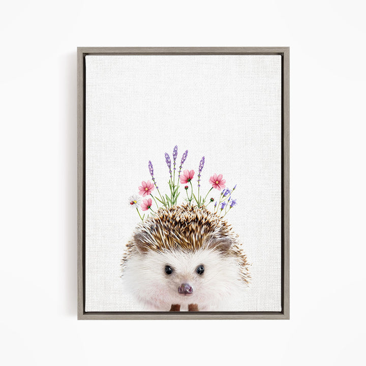 A cute hedgehog with flowers on its head is the main subject of the image.