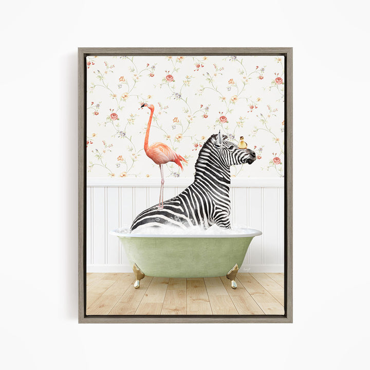 A zebra is sitting in a green bathtub, with a pink flamingo standing on its back legs and a bird perched on its head. The scene is set against a floral wallpaper backdrop.