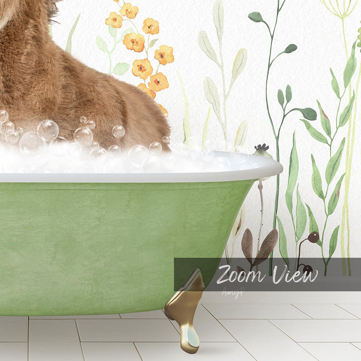 A brown dog is sitting in a green bathtub filled with bubbles, surrounded by a floral wallpaper.