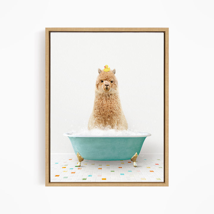 A fluffy brown dog sitting in a blue bathtub filled with bubbles, with a yellow rubber duck perched on its head.