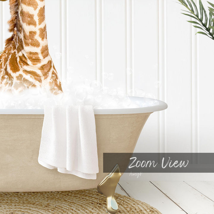 A giraffe standing in a bathtub filled with bubbles, with a towel and a gold object nearby.