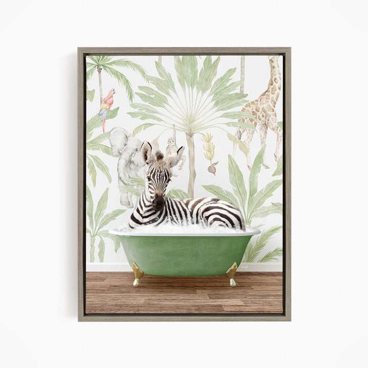 A zebra is sitting in a green bathtub, surrounded by tropical foliage and animals, including a giraffe and a parrot.