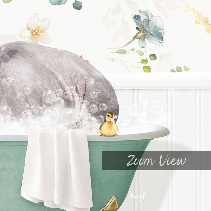 A baby duck sitting in a bathtub filled with bubbles, surrounded by a floral wallpaper and a towel.