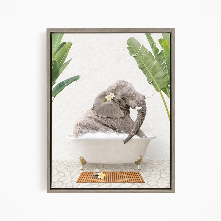 A gray elephant is sitting in a white bathtub, surrounded by green leaves and flowers, creating a whimsical and relaxing scene.