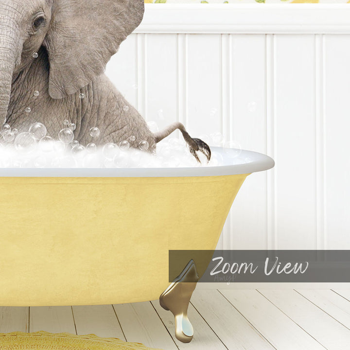 A gray elephant is taking a bath in a yellow bathtub, surrounded by bubbles.