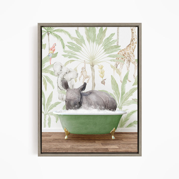A rhinoceros is taking a bath in a green bathtub, surrounded by tropical foliage and animals, including a giraffe and a parrot.