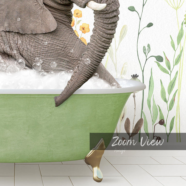 A large elephant is sitting in a green bathtub filled with bubbles, surrounded by a floral wall.