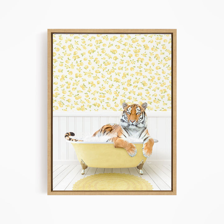 A tiger is sitting in a yellow bathtub, surrounded by a yellow and white floral patterned wall.