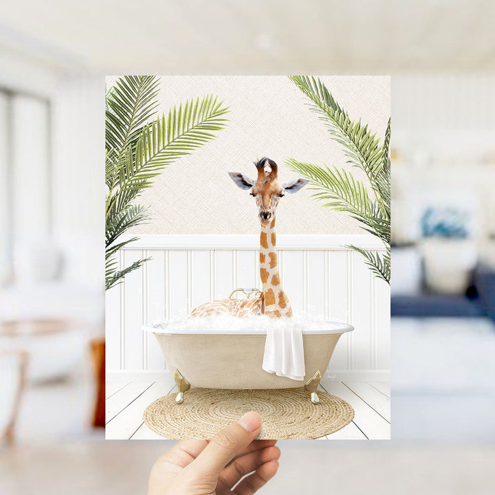 A giraffe sitting in a bathtub filled with bubbles, surrounded by palm leaves, creating a whimsical and playful scene.