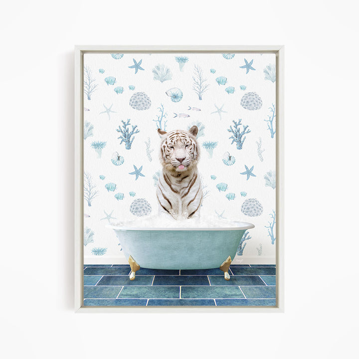 A white tiger is sitting in a blue bathtub, surrounded by a pattern of seashells, starfish, and other marine life.