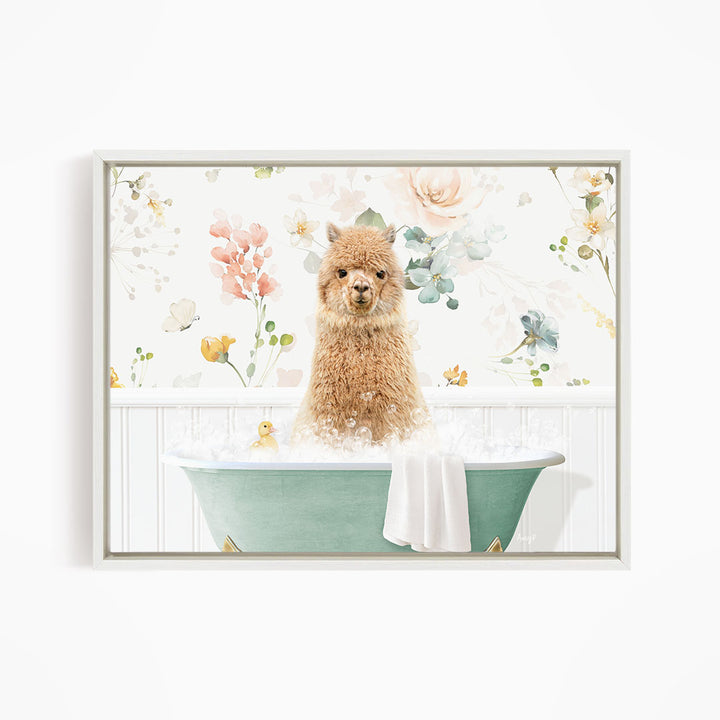 A fluffy brown alpaca sitting in a green bathtub filled with bubbles, surrounded by a floral pattern.