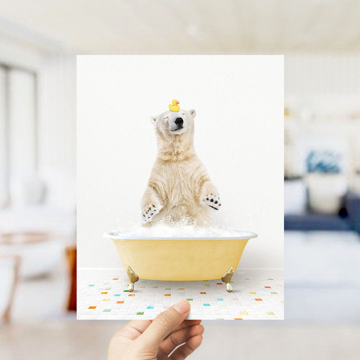 A polar bear standing in a yellow bathtub filled with bubbles, with a rubber duck perched on its head.