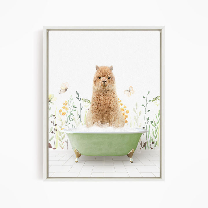 A fluffy brown dog sitting in a green bathtub filled with bubbles, surrounded by flowers and butterflies.