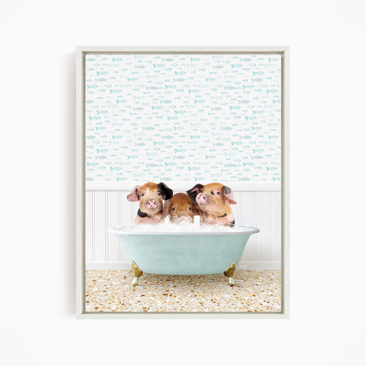 Three adorable pigs sitting in a bathtub filled with water, surrounded by a pattern of small fish.