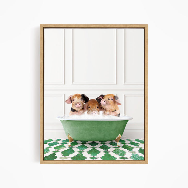 Three adorable pigs sitting in a green bathtub, enjoying a relaxing bath together.