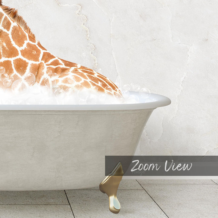 A giraffe is sitting in a bathtub filled with water, creating a whimsical and playful scene.