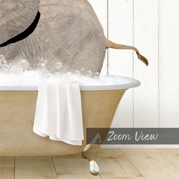 A bathtub filled with bubbles, with an elephant standing in it.