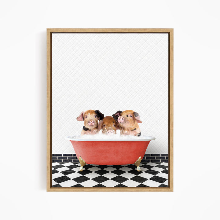 Three adorable pigs sitting in a red bathtub on a black and white checkered floor.