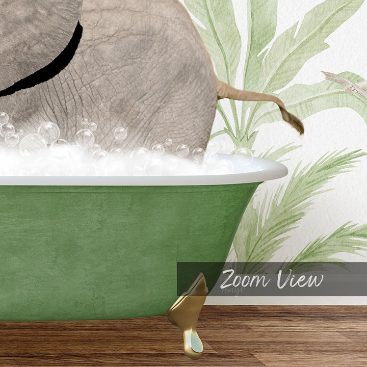 A green bathtub filled with bubbles, with a large elephant partially submerged in the water. The elephant's tail is visible above the water. The image is a collage of multiple images, and the text "Zoom View" is present.