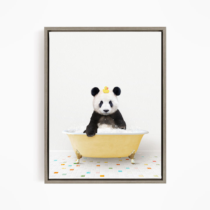 A panda bear sitting in a yellow bathtub, surrounded by colorful tiles on the floor.