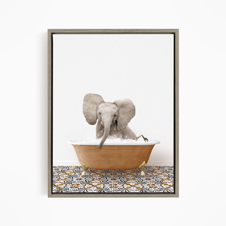 A gray elephant is sitting in a bathtub filled with water, surrounded by a patterned tile floor.