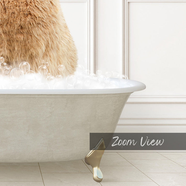 A fluffy brown cat is sitting in a bathtub filled with bubbles, creating a cozy and playful scene.