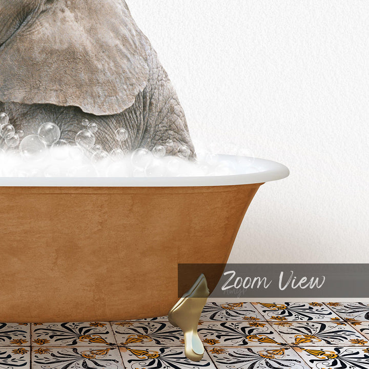 A close-up of an elephant submerged in a bathtub filled with bubbles, with a text overlay that reads "Zoom View".