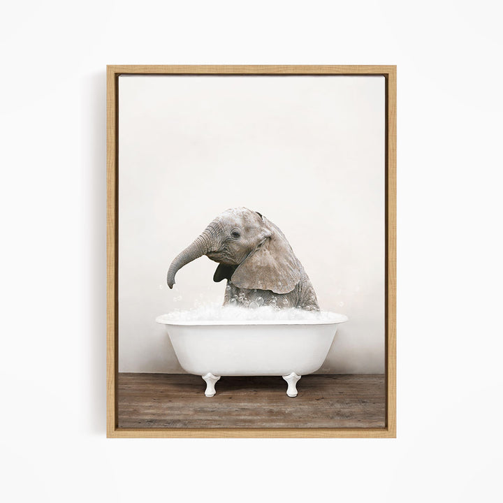 A baby elephant sitting in a white bathtub filled with water, creating a whimsical and playful scene.