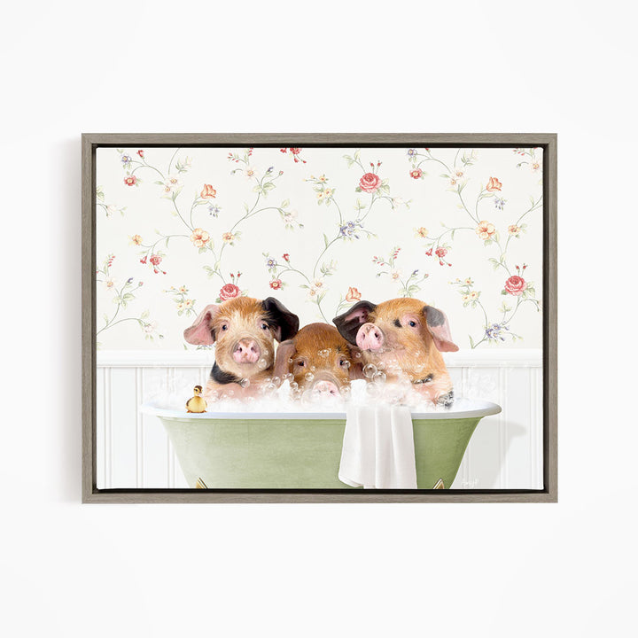 Three adorable pigs sitting in a green bathtub, enjoying a bubble bath.