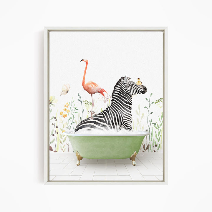 A zebra is sitting in a green bathtub, surrounded by a pink flamingo, a yellow butterfly, and a green plant.