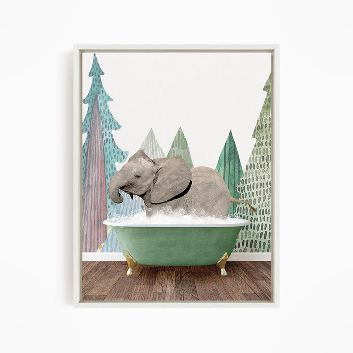 A gray elephant is sitting in a green bathtub, surrounded by a forest-themed background with trees and a snowy landscape.